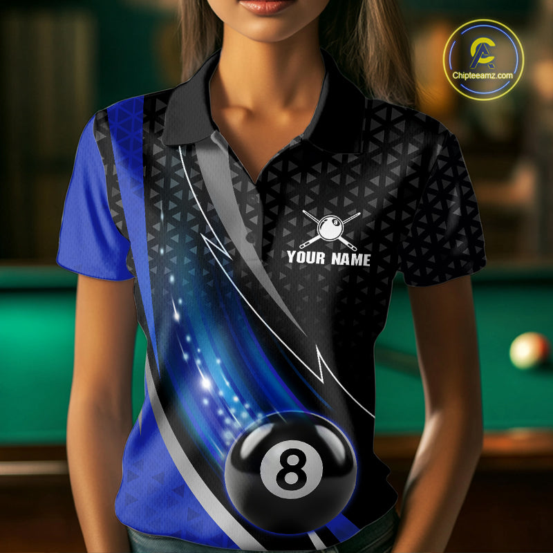Blue & Black Geometric Pool Billiard Shirt For Women Custom Lightning 8 Ball Team Billiard Jersey NYN4302