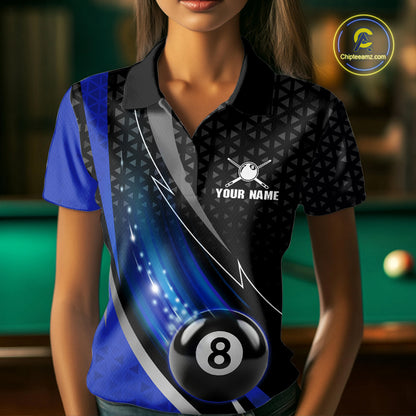 Blue & Black Geometric Pool Billiard Shirt For Women Custom Lightning 8 Ball Team Billiard Jersey NYN4302