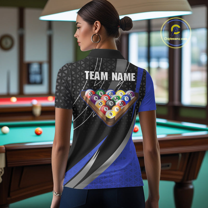 Blue & Black Geometric Pool Billiard Shirt For Women Custom Lightning 8 Ball Team Billiard Jersey NYN4302