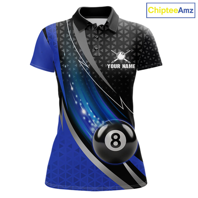 Blue & Black Geometric Pool Billiard Shirt For Women Custom Lightning 8 Ball Team Billiard Jersey NYN4302