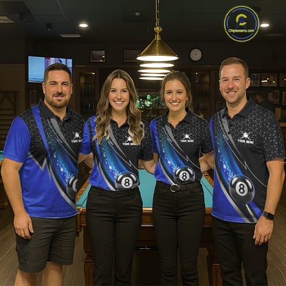 Blue & Black Geometric Pool Billiard Shirt For Women Custom Lightning 8 Ball Team Billiard Jersey NYN4302