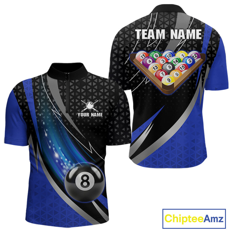 Blue & Black Geometric Pool Billiard Shirt For Men Custom Lightning 8 Ball Team Billiard Jersey NYN4302