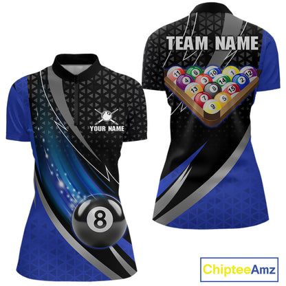 Blue & Black Geometric Pool Billiard Shirt For Women Custom Lightning 8 Ball Team Billiard Jersey NYN4302