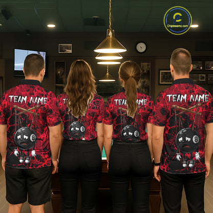 Custom 8 Ball Billiard Shirt, Halloween Women Billiards Team Jersey Red Grunge Pool Polo & Quarter-Zip NYN4306