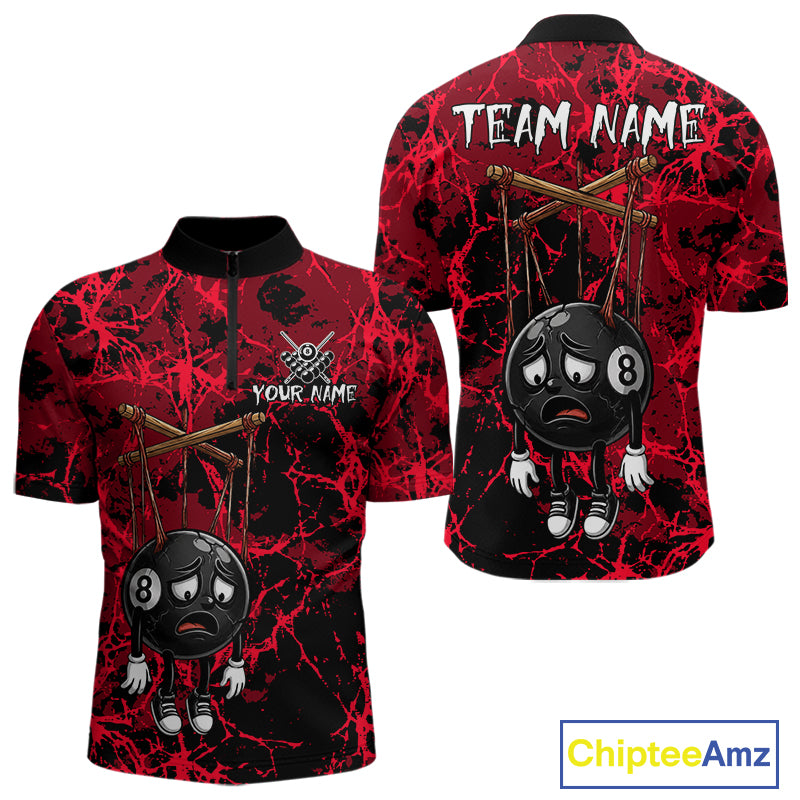 Custom 8 Ball Billiard Shirt, Halloween Billiards Team Jersey Red Grunge Pool Polo & Quarter-Zip NYN4306