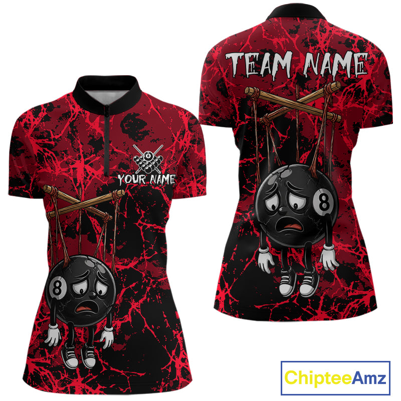 Custom 8 Ball Billiard Shirt, Halloween Women Billiards Team Jersey Red Grunge Pool Polo & Quarter-Zip NYN4306
