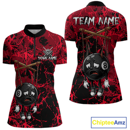 Custom 8 Ball Billiard Shirt, Halloween Women Billiards Team Jersey Red Grunge Pool Polo & Quarter-Zip NYN4306