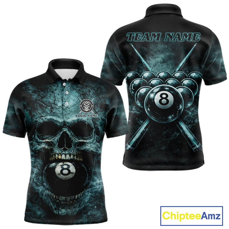 Custom Teal Smoke Grunge Skull Pool 8 Ball Men Billiard Shirt Personalized Ball Billiard Attire NYN2592