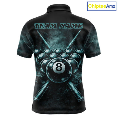 Custom Teal Smoke Grunge Skull Pool 8 Ball Men Billiard Shirt Personalized Ball Billiard Attire NYN2592