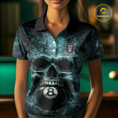 Custom Teal Smoke Grunge Skull Pool 8 Ball Women Billiard Shirt Personalized Ball Billiard Attire NYN2592