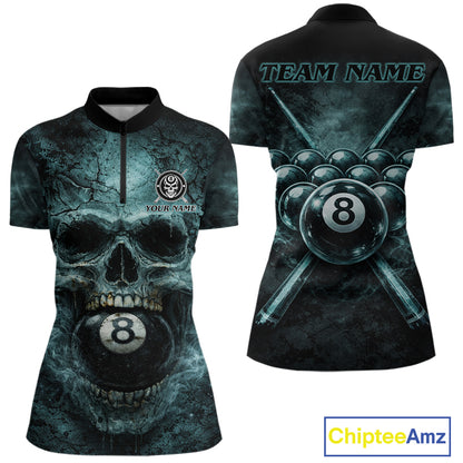 Custom Teal Smoke Grunge Skull Pool 8 Ball Women Billiard Shirt Personalized Ball Billiard Attire NYN2592