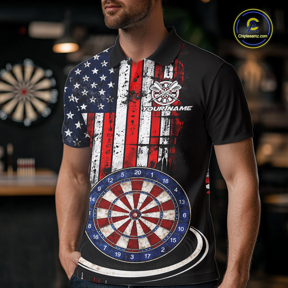 Custom Funny Rich Eagle Grunge US Flag Darts Polo Shirts For Men Patriotic Darts Team Jerseys NYN2757