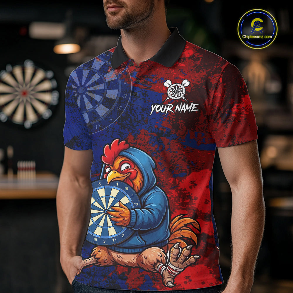 Blue And Red Grunge Funny Rooster Darts Shirt For Men Custom Name & Team Dart Outfits Jerseys NYN3162