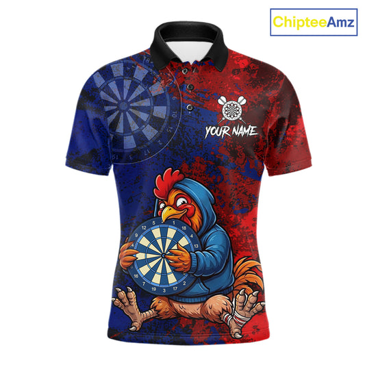 Blue And Red Grunge Funny Rooster Darts Shirt For Men Custom Name & Team Dart Outfits Jerseys NYN3162