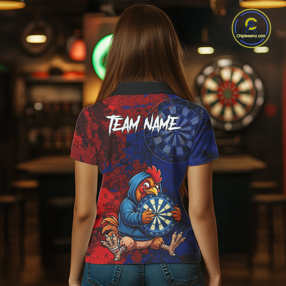 Blue And Red Grunge Funny Rooster Darts Shirt For Women Custom Name & Team Dart Outfits Jerseys NYN3162