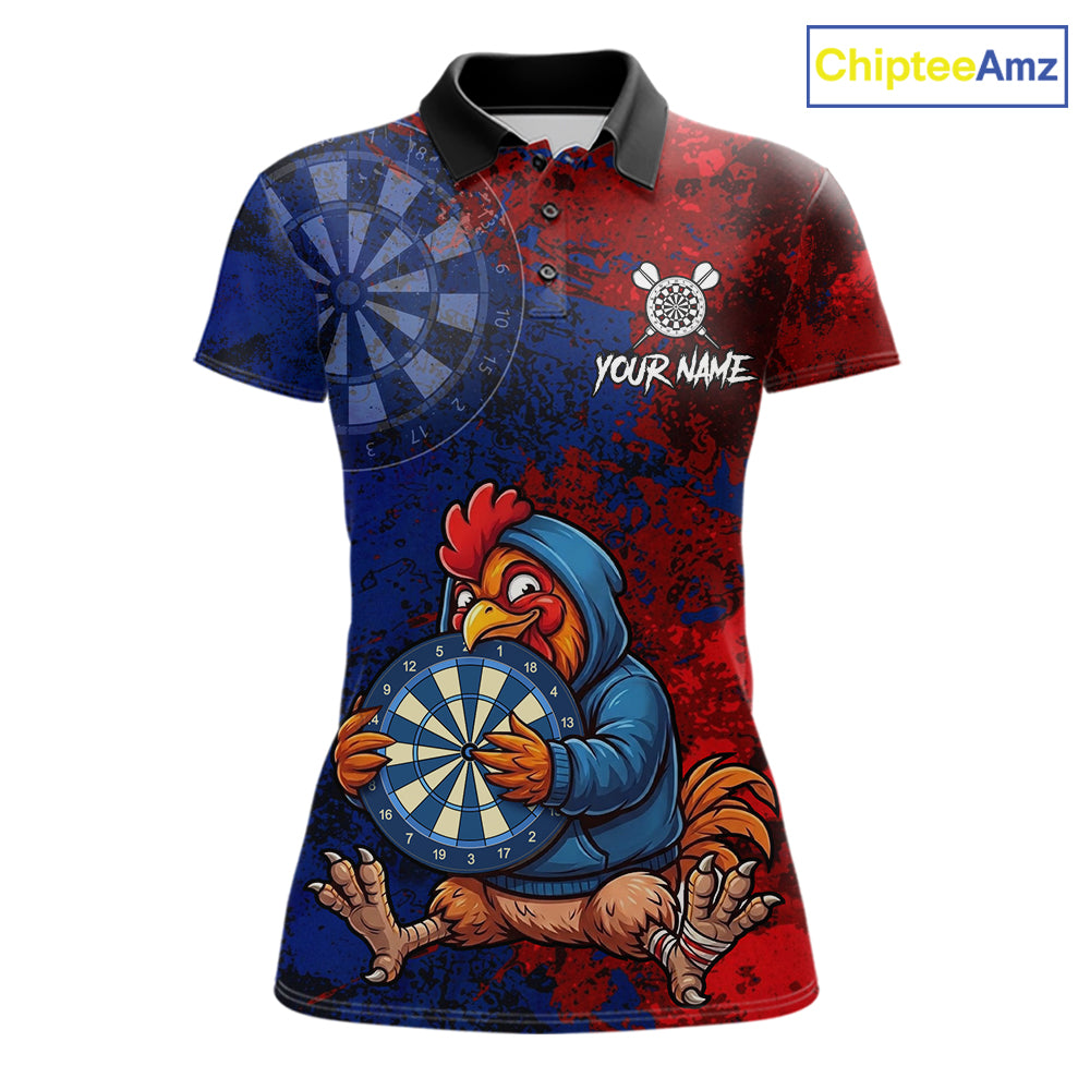 Blue And Red Grunge Funny Rooster Darts Shirt For Women Custom Name & Team Dart Outfits Jerseys NYN3162