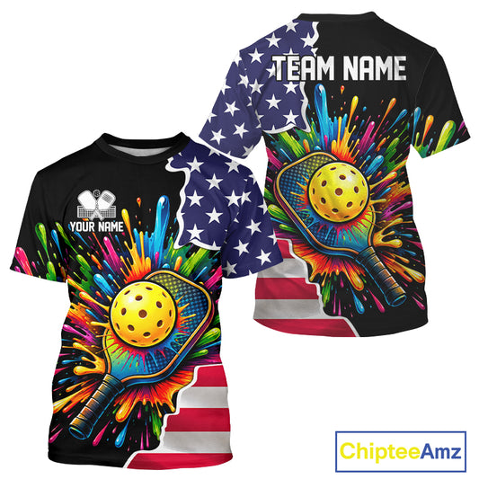 Custom American flag patriotic pickleball tshirt for men colorful splatter pickleball jersey black