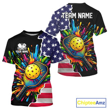 Load image into Gallery viewer, Custom American flag patriotic pickleball tshirt for men colorful splatter pickleball jersey black