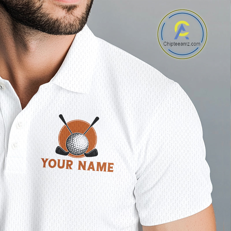 Male golfer wearing Funny Cat Halloween golf polo, golf tournament apparel, custom golf uniform, golf outing clothing
