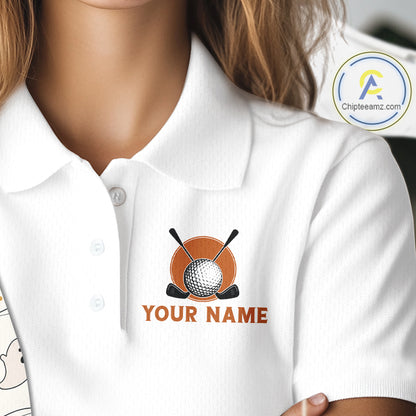 Female golfer wearing Funny Cat Halloween golf polo, personalized golf apparel, golf league fashion, spooky golf outfit