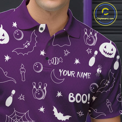 Halloween Bowling Jersey Custom Name Purple Bowling Shirt For Men Spooky Ghost Bat Bowling Team Gifts NYN4310