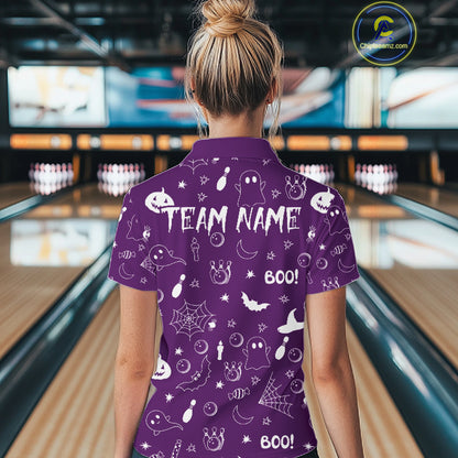 Halloween Bowling Jersey Custom Name Purple Bowling Shirt For Women Spooky Ghost Bat Bowling Team Gifts NYN4310