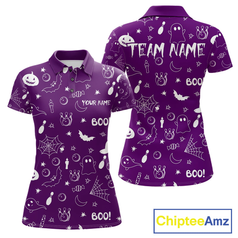 Halloween Bowling Jersey Custom Name Purple Bowling Shirt For Women Spooky Ghost Bat Bowling Team Gifts NYN4310