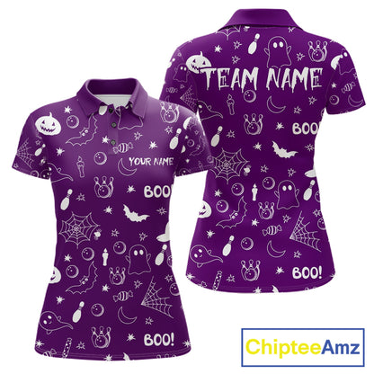 Halloween Bowling Jersey Custom Name Purple Bowling Shirt For Women Spooky Ghost Bat Bowling Team Gifts NYN4310