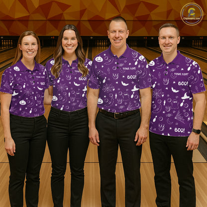 Halloween Bowling Jersey Custom Name Purple Bowling Shirt For Men Spooky Ghost Bat Bowling Team Gifts NYN4310
