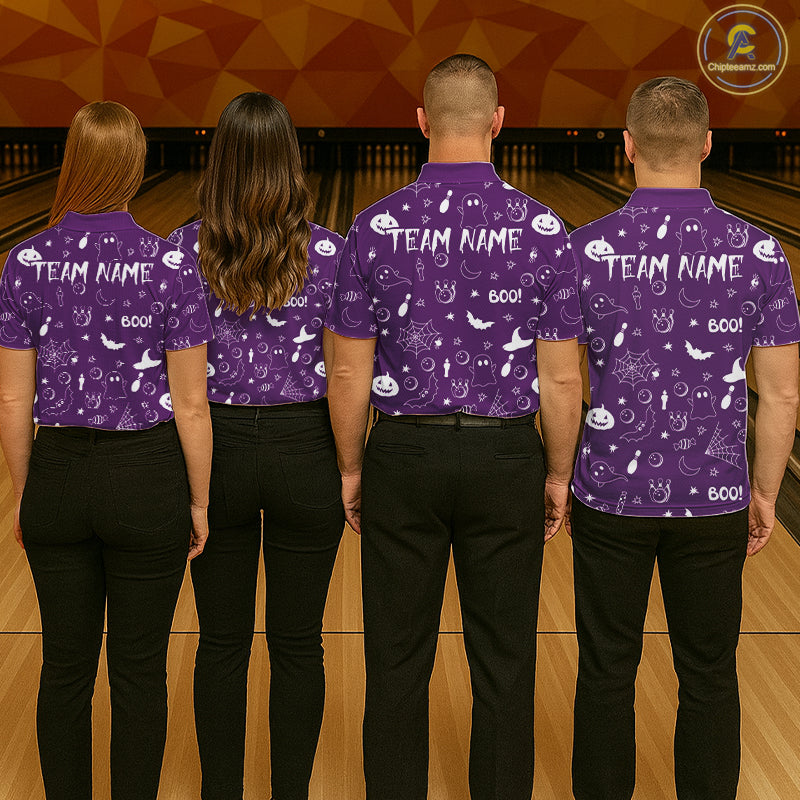 Halloween Bowling Jersey Custom Name Purple Bowling Shirt For Men Spooky Ghost Bat Bowling Team Gifts NYN4310