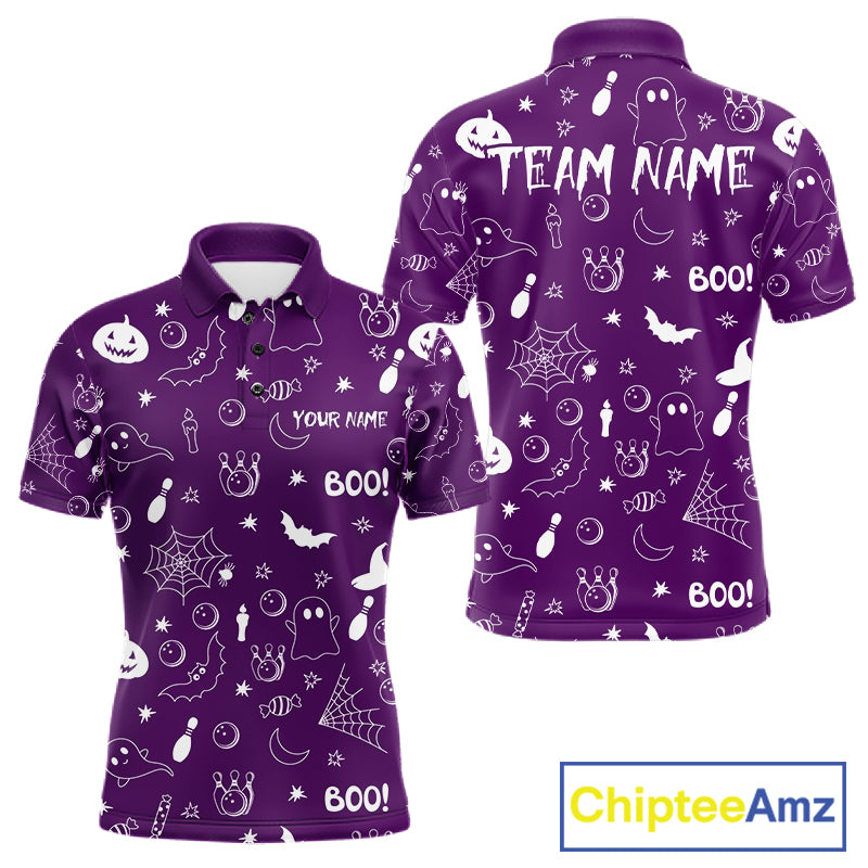 Halloween Bowling Jersey Custom Name Purple Bowling Shirt For Men Spooky Ghost Bat Bowling Team Gifts NYN4310