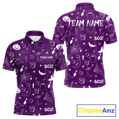 Halloween Bowling Jersey Custom Name Purple Bowling Shirt For Men Spooky Ghost Bat Bowling Team Gifts NYN4310