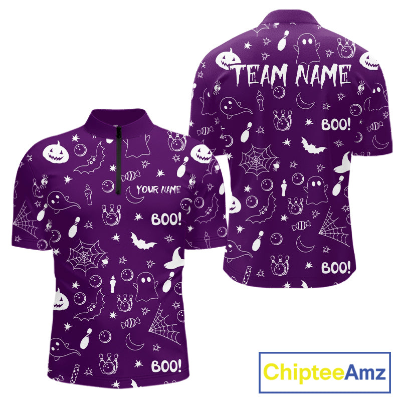 Halloween Bowling Jersey Custom Name Purple Bowling Shirt For Men Spooky Ghost Bat Bowling Team Gifts NYN4310