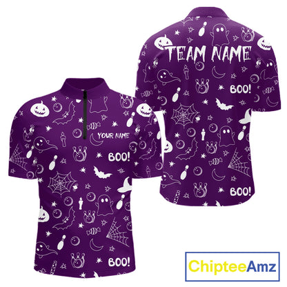 Halloween Bowling Jersey Custom Name Purple Bowling Shirt For Men Spooky Ghost Bat Bowling Team Gifts NYN4310