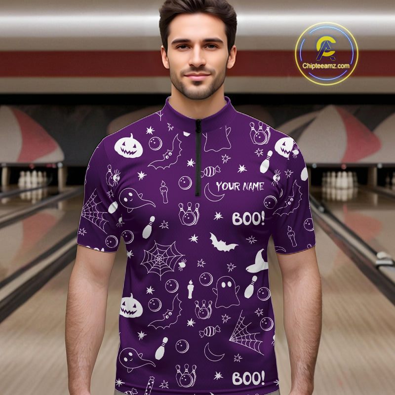 Halloween Bowling Jersey Custom Name Purple Bowling Shirt For Men Spooky Ghost Bat Bowling Team Gifts NYN4310