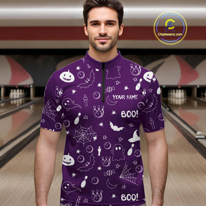 Halloween Bowling Jersey Custom Name Purple Bowling Shirt For Men Spooky Ghost Bat Bowling Team Gifts NYN4310