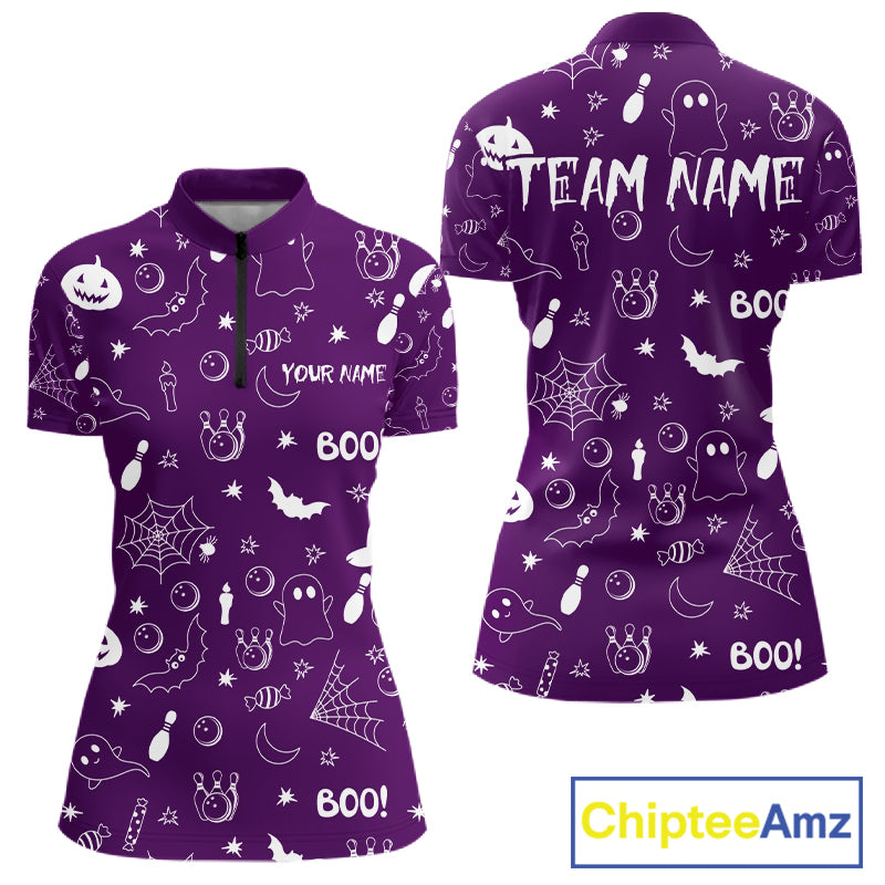 Halloween Bowling Jersey Custom Name Purple Bowling Shirt For Women Spooky Ghost Bat Bowling Team Gifts NYN4310