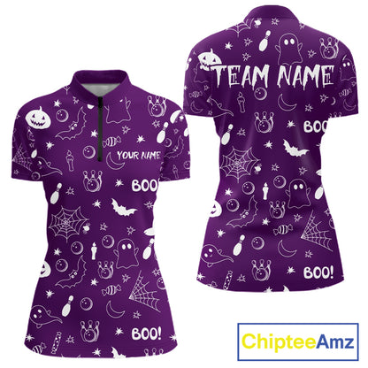 Halloween Bowling Jersey Custom Name Purple Bowling Shirt For Women Spooky Ghost Bat Bowling Team Gifts NYN4310
