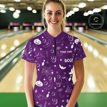 Halloween Bowling Jersey Custom Name Purple Bowling Shirt For Women Spooky Ghost Bat Bowling Team Gifts NYN4310