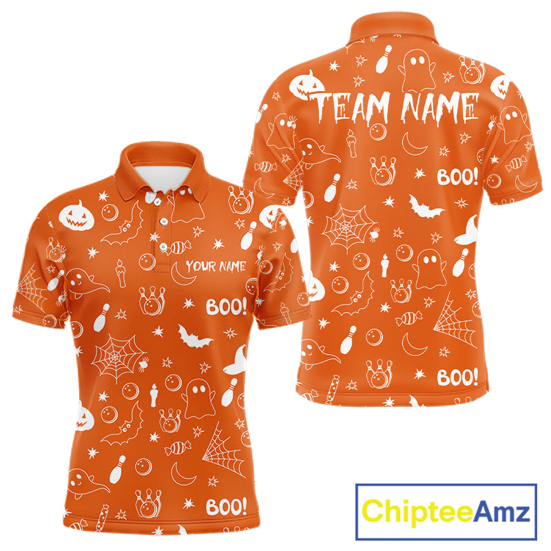 Halloween Bowling Jersey Custom Name Orange Bowling Shirt For Men Spooky Ghost Bat Bowling Team Gifts NYN4311