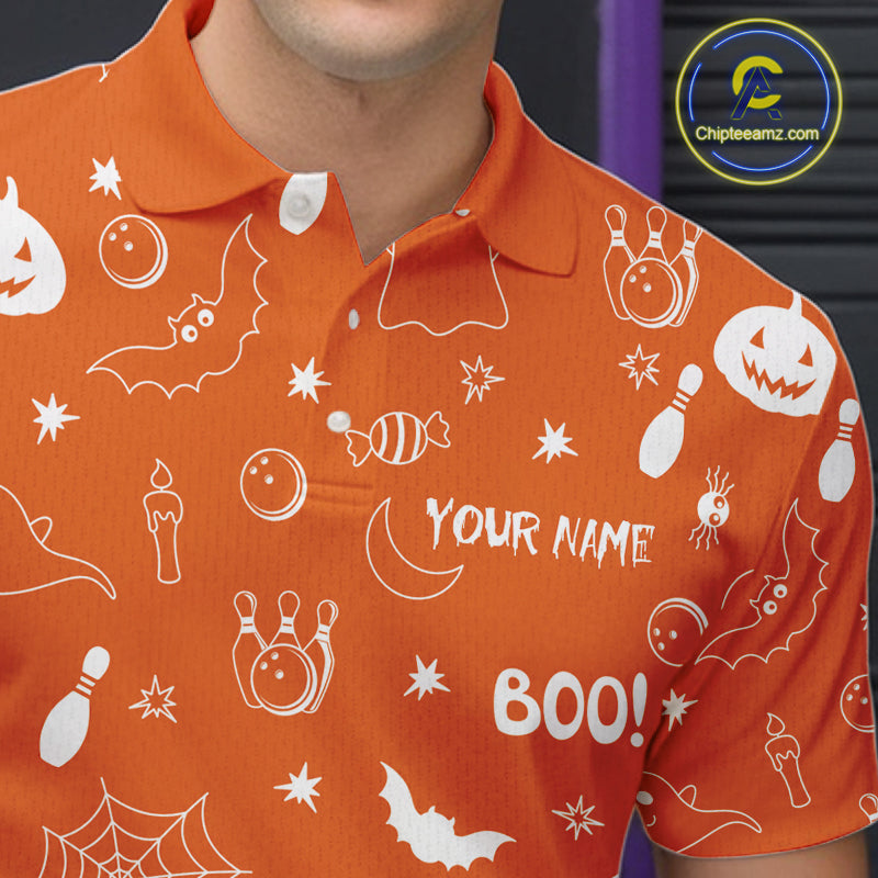 Halloween Bowling Jersey Custom Name Orange Bowling Shirt For Men Spooky Ghost Bat Bowling Team Gifts NYN4311