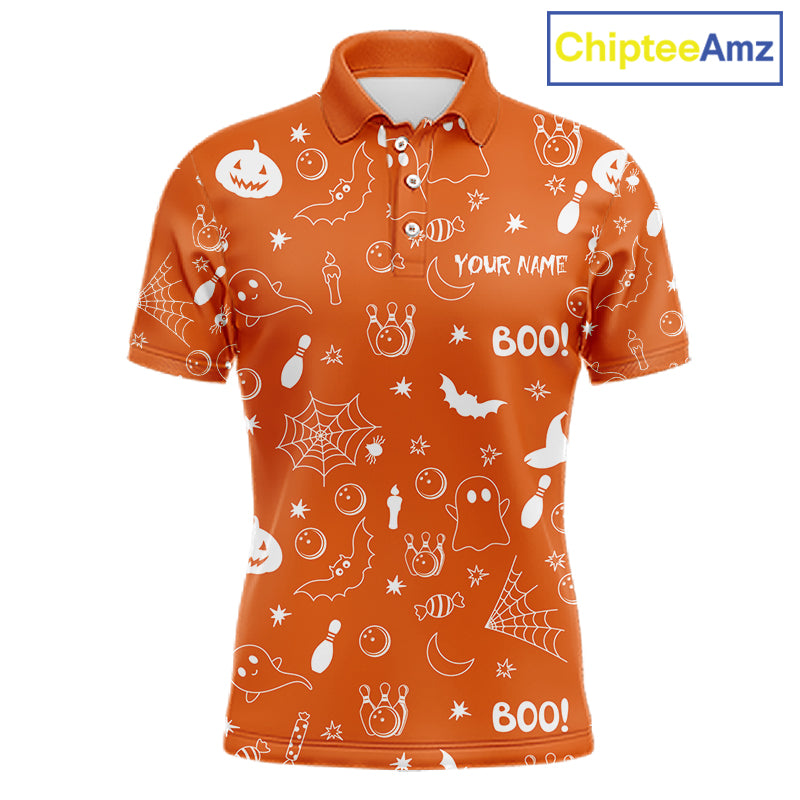 Halloween Bowling Jersey Custom Name Orange Bowling Shirt For Men Spooky Ghost Bat Bowling Team Gifts NYN4311