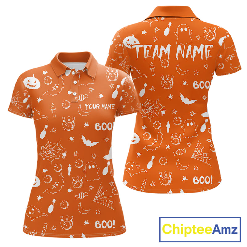 Halloween Bowling Jersey Custom Name Orange Bowling Shirt For Women Spooky Ghost Bat Bowling Team Gifts NYN4311