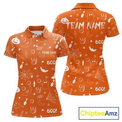 Halloween Bowling Jersey Custom Name Orange Bowling Shirt For Women Spooky Ghost Bat Bowling Team Gifts NYN4311