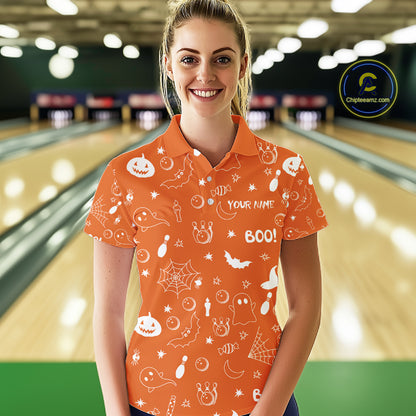 Halloween Bowling Jersey Custom Name Orange Bowling Shirt For Women Spooky Ghost Bat Bowling Team Gifts NYN4311