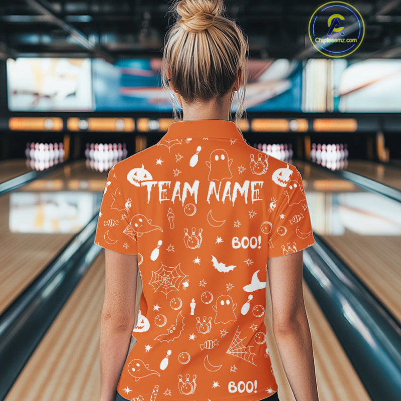 Halloween Bowling Jersey Custom Name Orange Bowling Shirt For Women Spooky Ghost Bat Bowling Team Gifts NYN4311