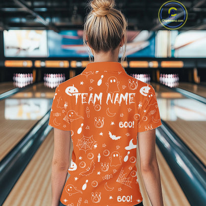 Halloween Bowling Jersey Custom Name Orange Bowling Shirt For Women Spooky Ghost Bat Bowling Team Gifts NYN4311