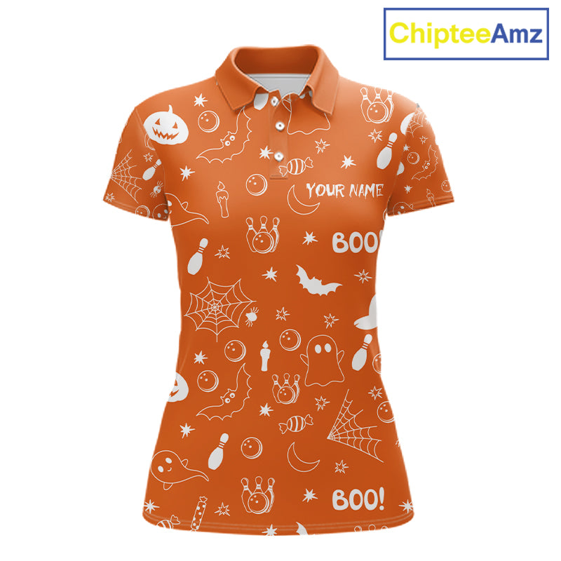 Halloween Bowling Jersey Custom Name Orange Bowling Shirt For Women Spooky Ghost Bat Bowling Team Gifts NYN4311