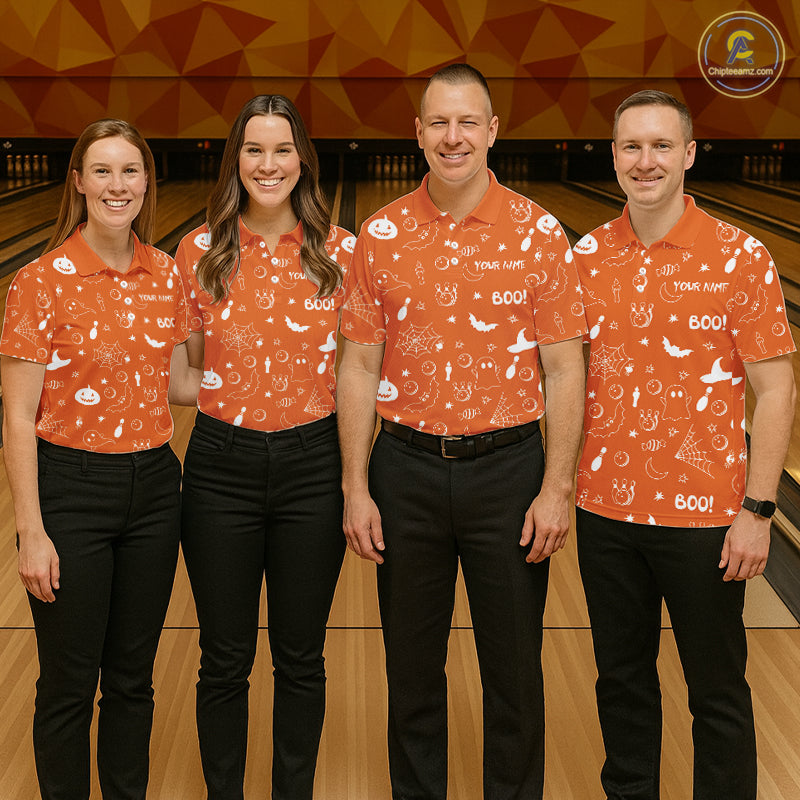 Halloween Bowling Jersey Custom Name Orange Bowling Shirt For Men Spooky Ghost Bat Bowling Team Gifts NYN4311
