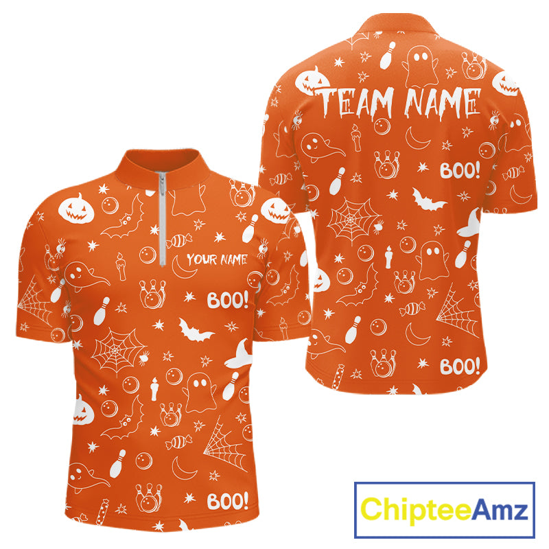 Halloween Bowling Jersey Custom Name Orange Bowling Shirt For Men Spooky Ghost Bat Bowling Team Gifts NYN4311